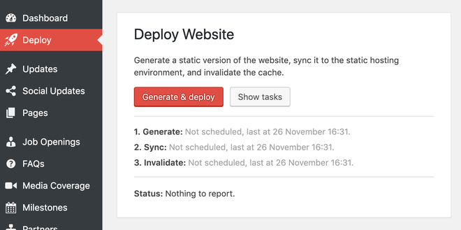 Admin interface showing the Deploy Website section.