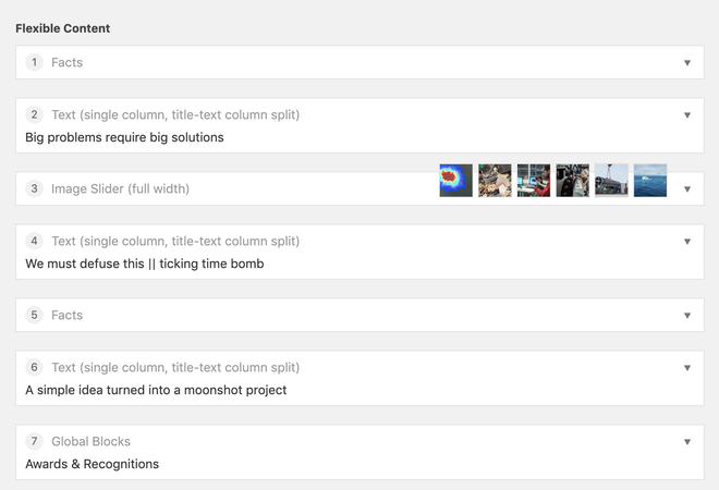 Screenshot of Advanced Custom Fields Flexible Content blocks in WordPress with custom CMS previews